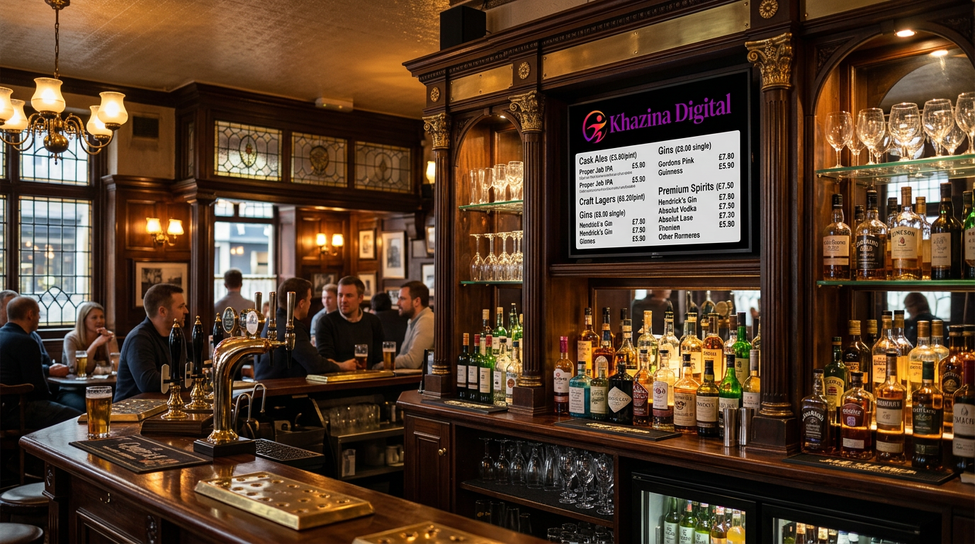 Pub interior with digital signage screen showing drinks menu