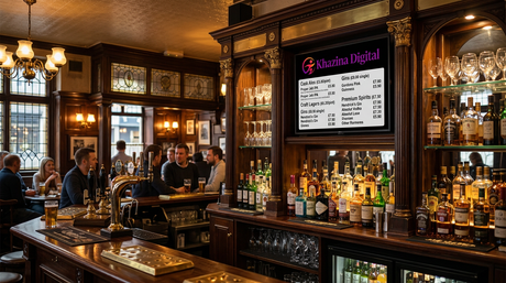 Pub interior with digital signage screen showing drinks menu