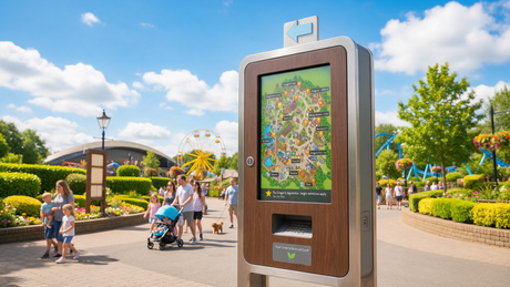 UK theme park outdoor wayfinding kiosk with a bright touch screen showing a park map