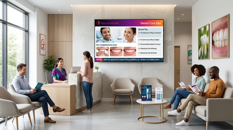 Dental practice reception with digital signage screen