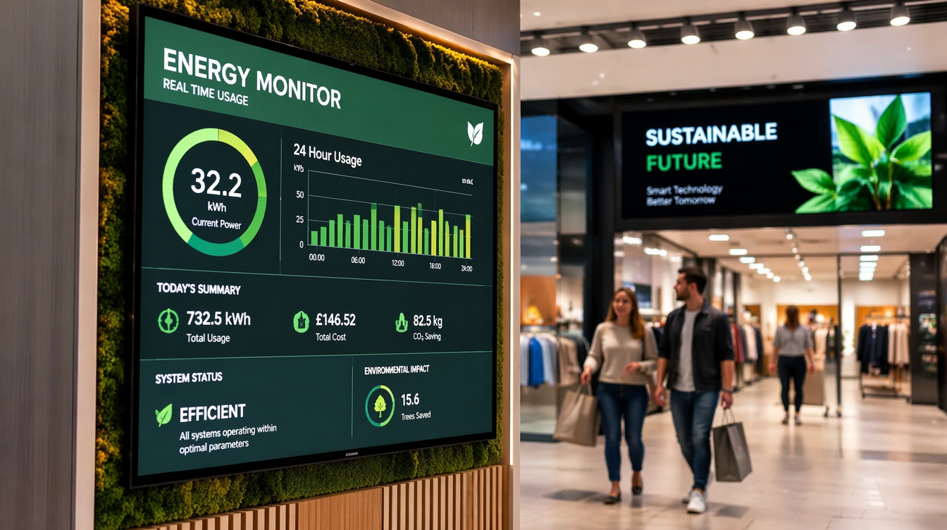 Energy efficient commercial LED display screens UK retail 24 hour continuous operation KhazinaDigital