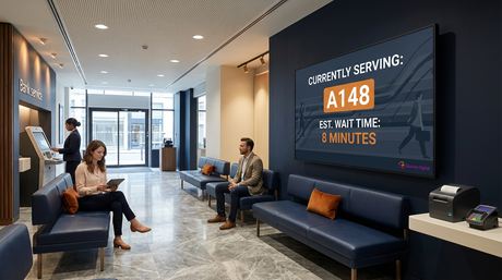 UK bank branch queue area with digital wait-time display screen, Khazina Digital