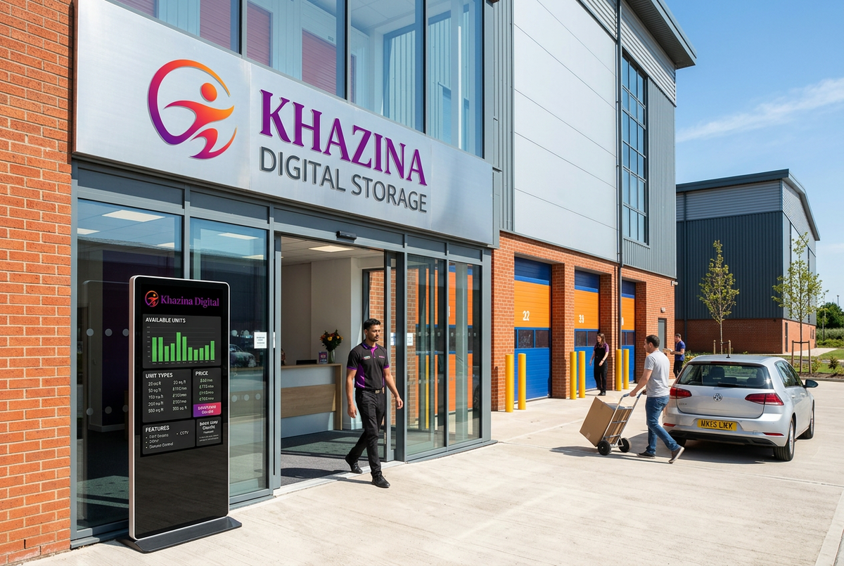 Digital signage screen at a UK self-storage facility entrance showing unit availability