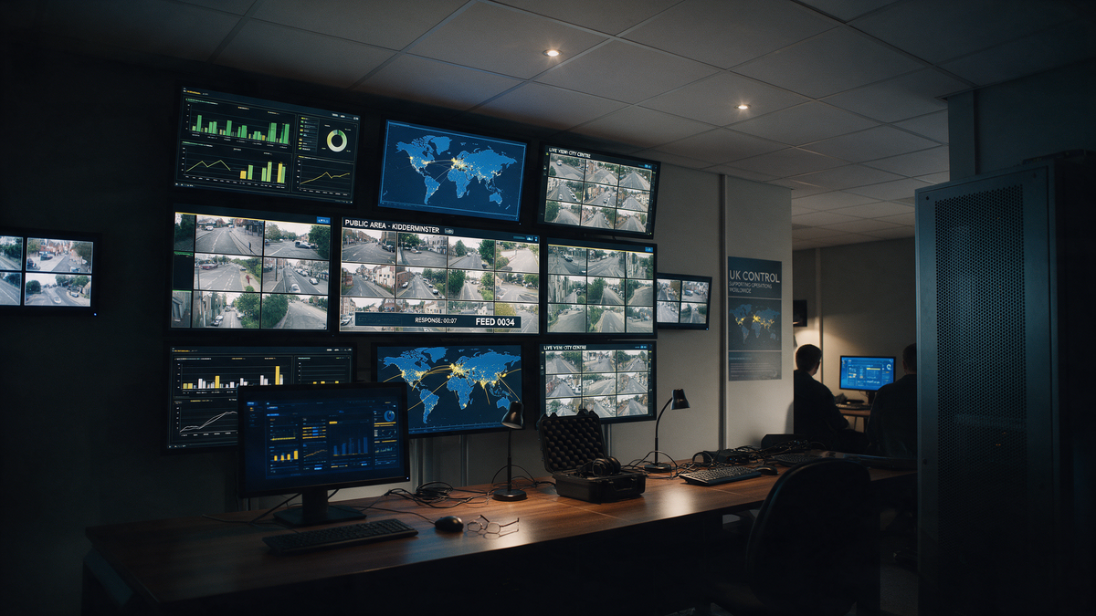 UK office control room with professional AV monitors mounted on the wall showing CCTV feeds and data dashboards