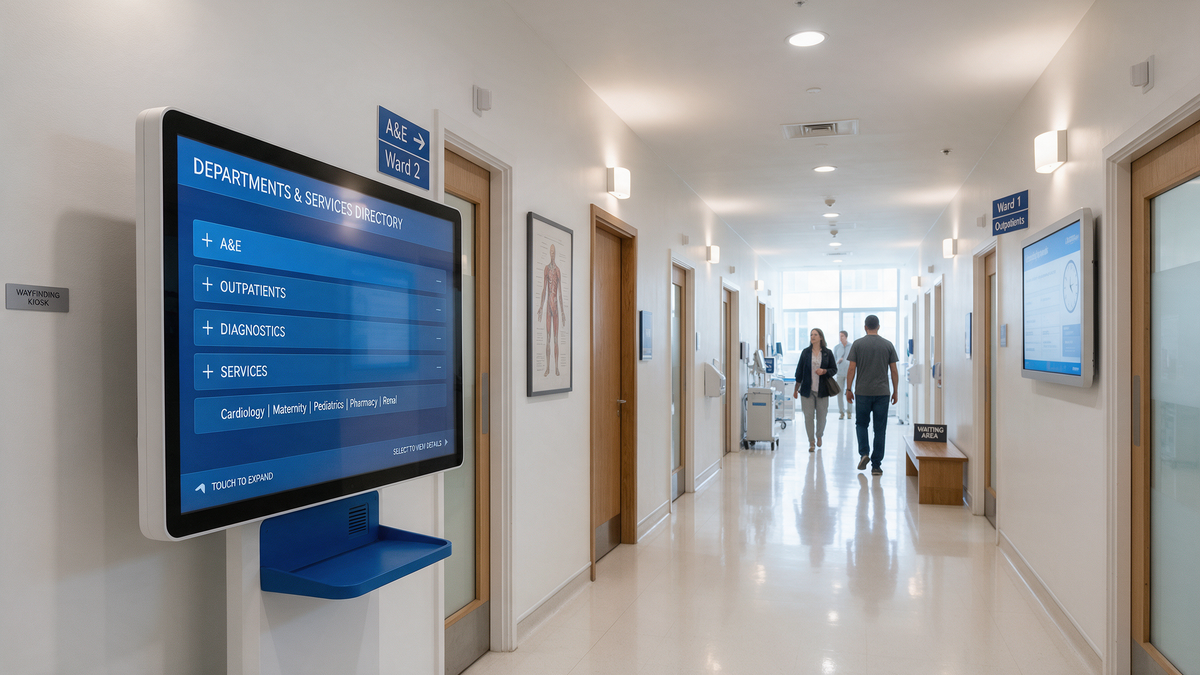 Modern UK hospital corridor with an interactive touch screen wayfinding kiosk mounted on the wall showing a department directory