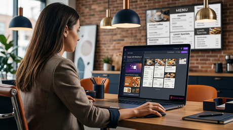 AI-generated digital signage creative being designed on a laptop, Khazina Digital