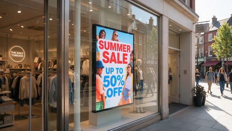 Sunlit UK high street shop window with a bright 3500cd/m2 digital display screen