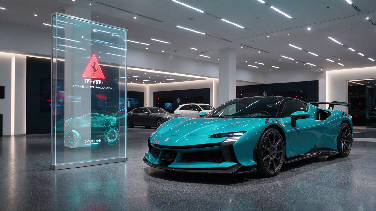 Luxury car showroom featuring a transparent LED display totem standing beside an exotic sports car