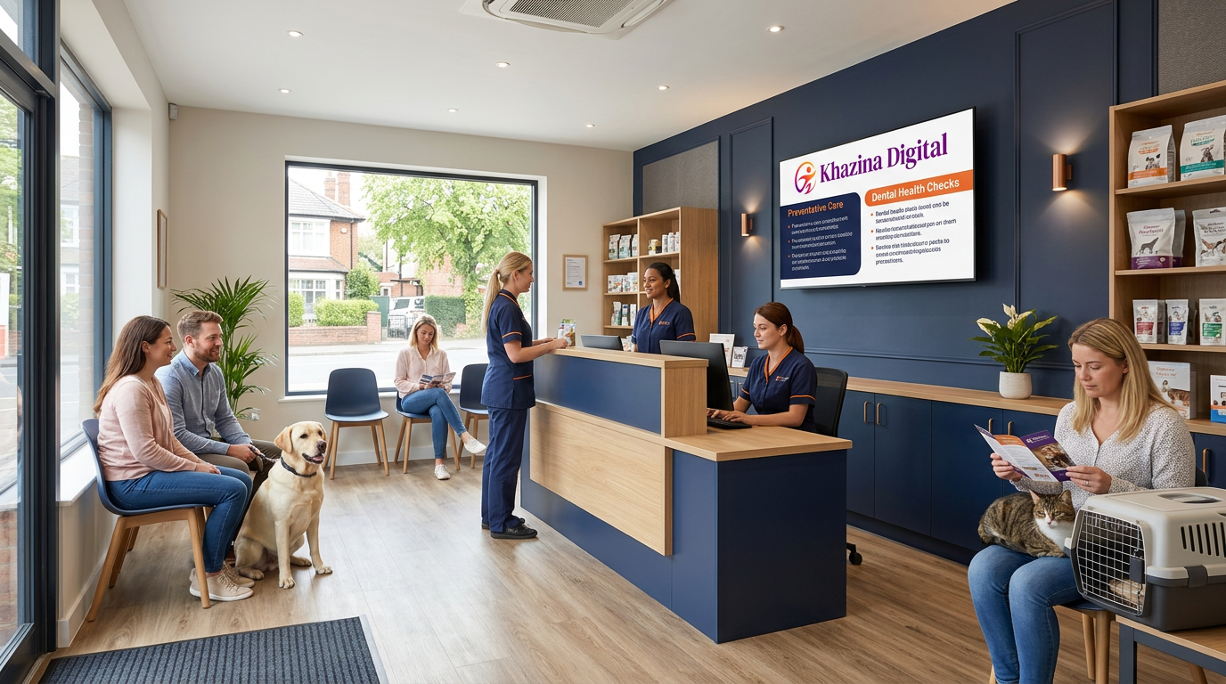 Veterinary clinic reception with digital signage screen