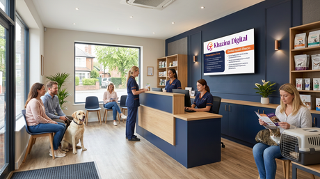 Veterinary clinic reception with digital signage screen