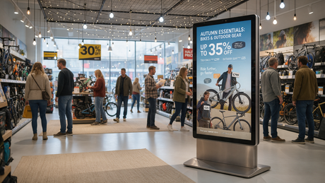 Modern UK retail store with a freestanding digital poster totem displaying a promotion