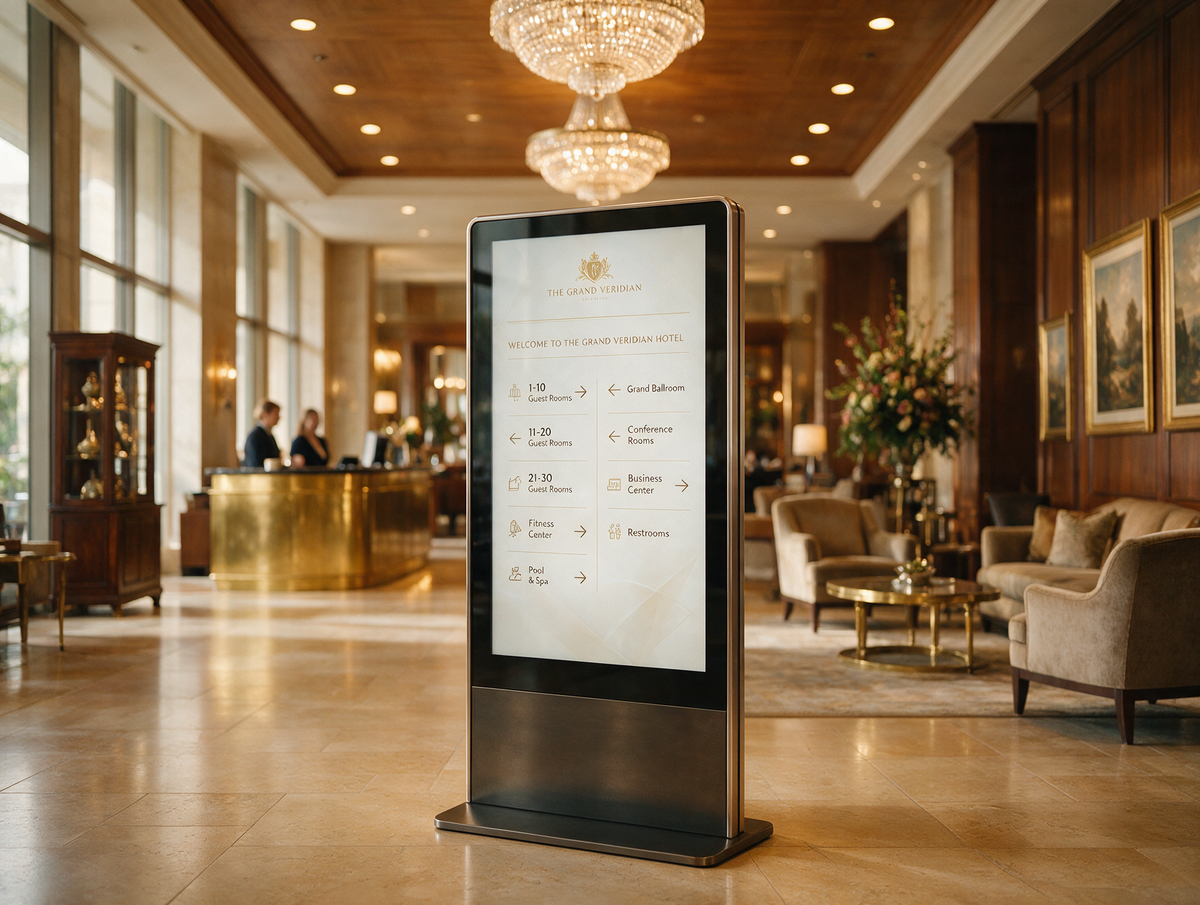 Modern UK hotel lobby with a slim double-sided freestanding digital poster totem