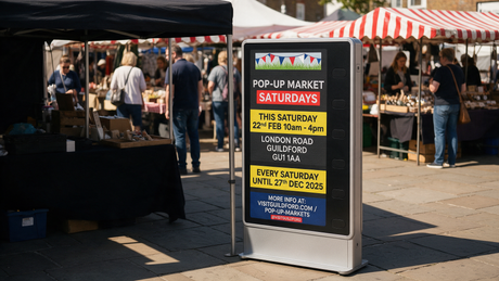 UK outdoor pop-up market or event stall with a battery-powered digital A-board pavement sign