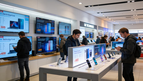 UK electronics retail store with multiple digital display screens showing products and specifications