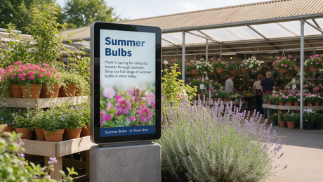 UK garden centre outdoor area with a weatherproof freestanding digital totem displaying seasonal plant promotions