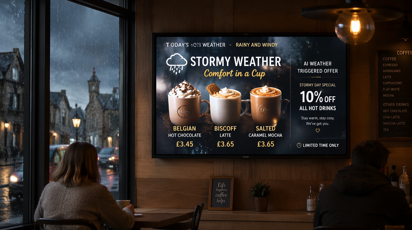 UK cafe rainy weather digital menu board weather triggered hot drink promotions AI KhazinaDigital