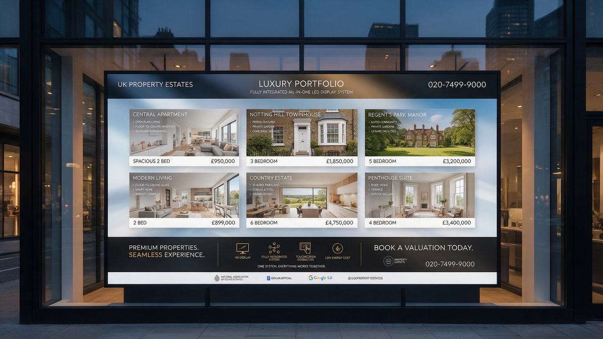 Flagship UK estate agency branch storefront with a large all-in-one LED window display