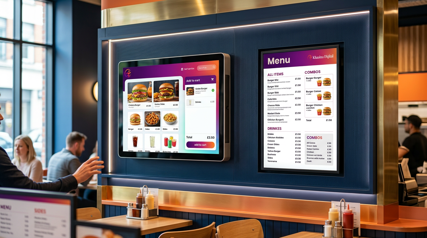 Self-service ordering kiosk beside a traditional digital menu board in a UK restaurant, Khazina Digital