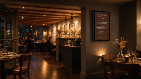 Elegant small UK boutique restaurant with a slim tablet-style digital menu board near the entrance