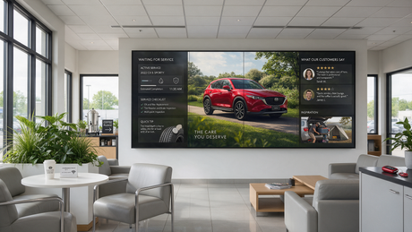 Car dealership service centre waiting area with a narrow-bezel LCD video wall showing service updates and vehicle care content