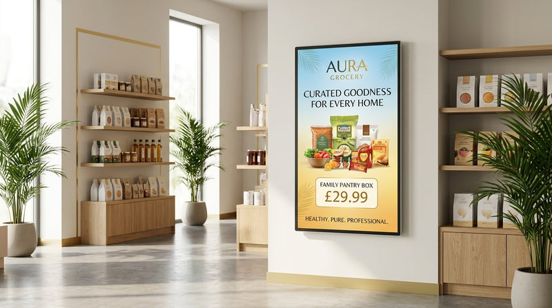 Digital display in a modern interior setting with shelves and plants. Digital Signage Content Design Service by Khazina Digital Signage