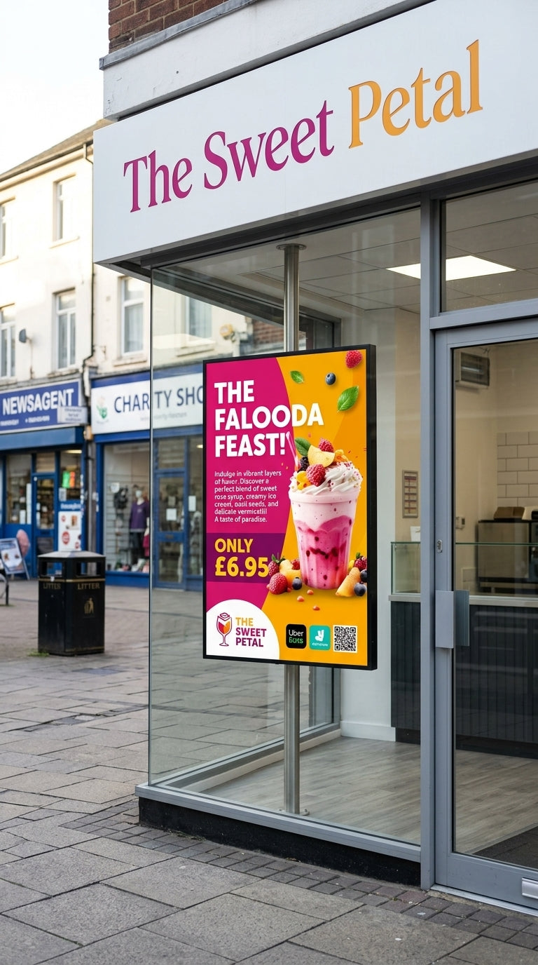 Storefront with 'The Sweet Petal' sign and a promotional poster for Falooda Feast. Digital Signage Content Design Service by Khazina Digital Signage