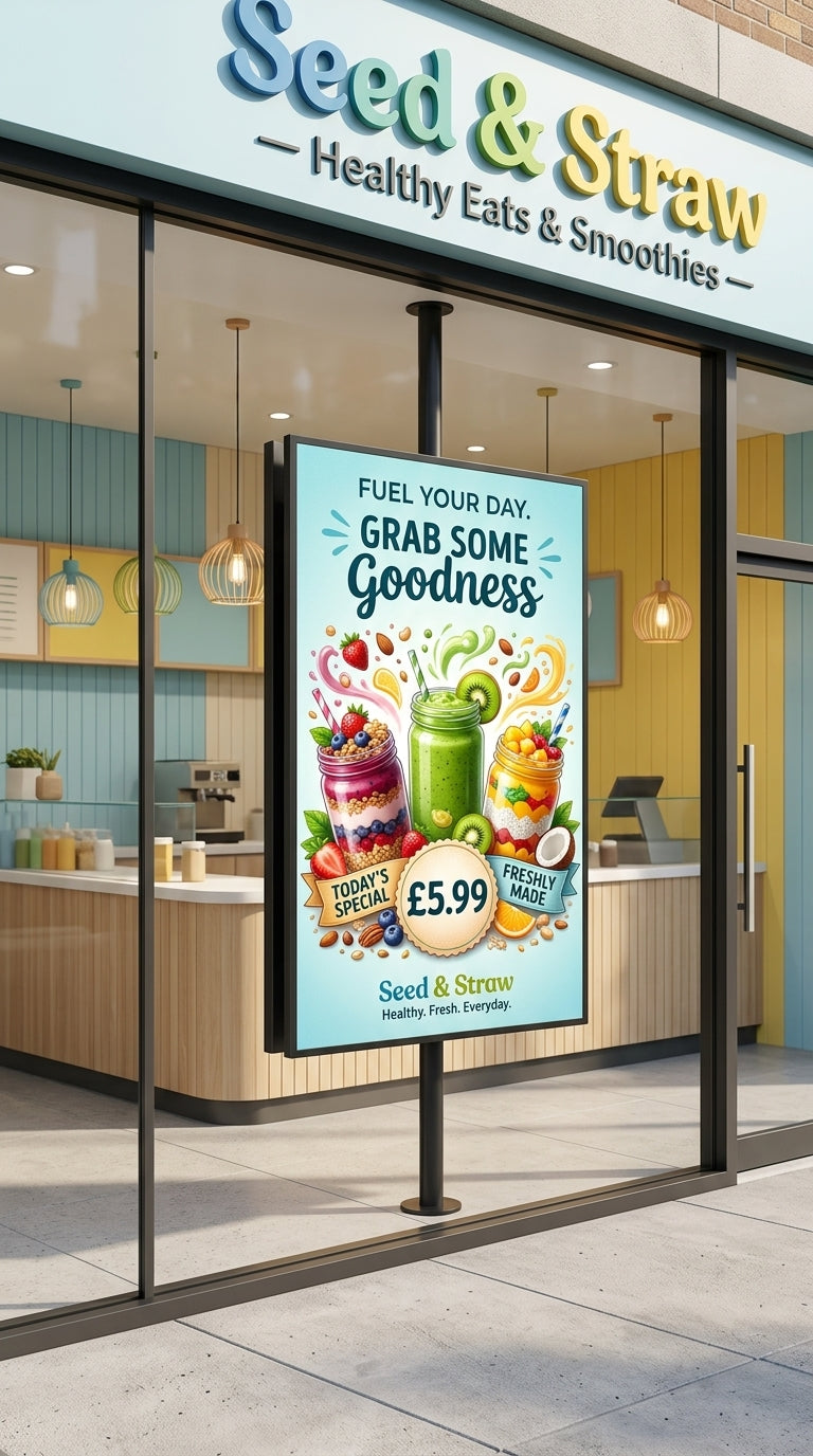 Seed & Straw store front with a promotional poster for healthy eats and smoothies. Digital Signage Content Design Service by Khazina Digital Signage