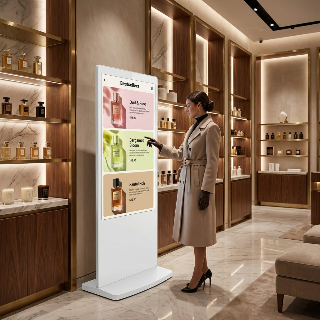 High-Performance Freestanding PCAP Touch Screen Poster-Indoor advertising display screens UK - retail gym hotel office - Khazina Digital