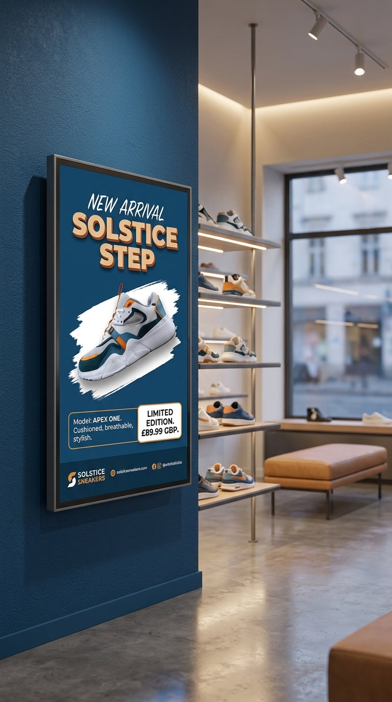 Advertisement for Solstice Step shoes on a wall in a store setting. Digital Signage Content Design Service by Khazina Digital Signage