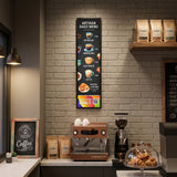 Coffee shop interior with a Ultra wide menu board and coffee-making equipment on a brick wall. Khazina Digital 