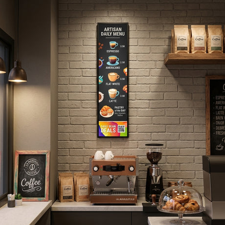 Coffee shop interior with a Ultra wide menu board and coffee-making equipment on a brick wall. Khazina Digital 