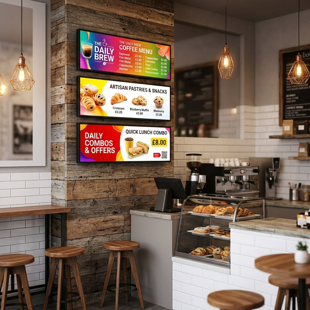 Ultra-wide. Digital menu boards in a coffee shop displaying daily brew, pastries, and lunch combos . Khazina Digital. 