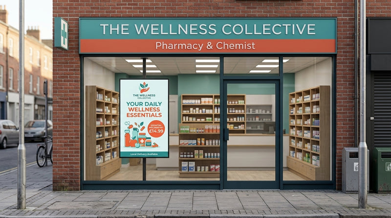 The Wellness Collective pharmacy storefront with a promotional poster on the glass door. Digital Signage Content Design Service by Khazina Digital Signage