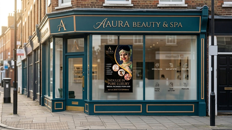 Aura Beauty & Spa storefront with a poster in the window on a city street. Digital Signage Content Design Service by Khazina Digital Signage