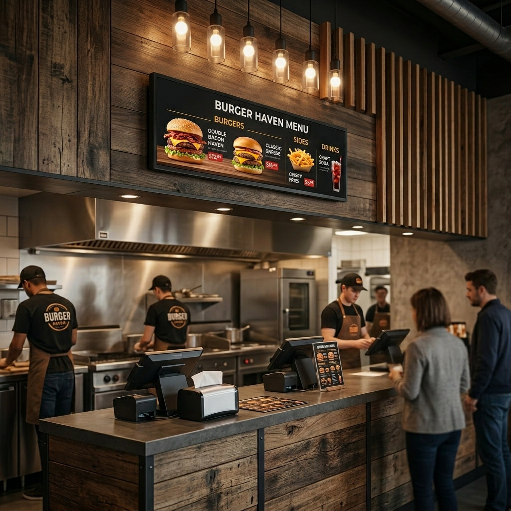 Burger restaurant interior with ultra wide digital menu board and staff working. Khazina Digital. 