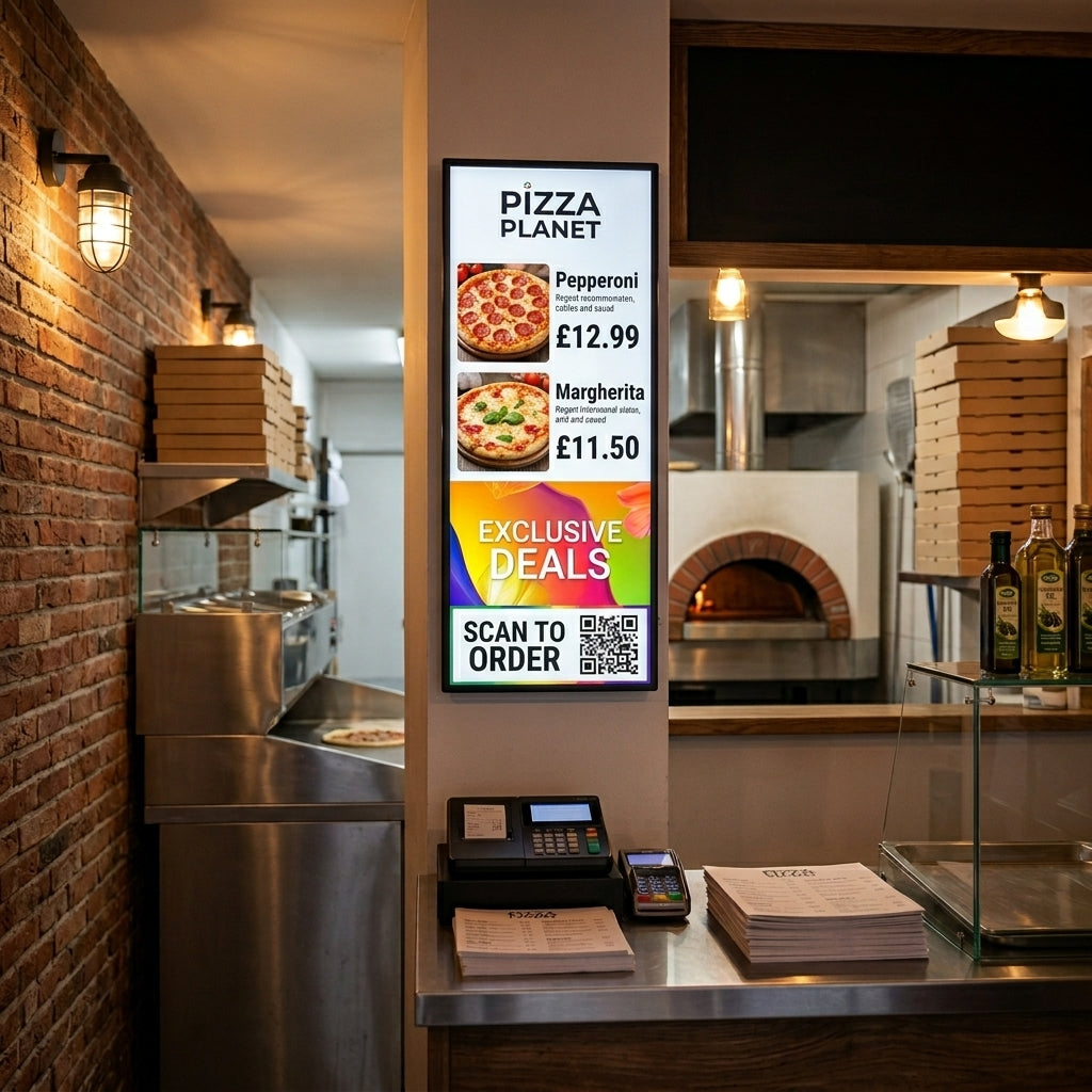Ultra Wide Digital menu board in a pizza restaurant displaying pizza options and prices. Khazina Digital 