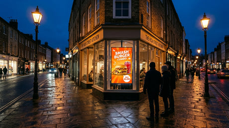 Digital window display UK high street shopfront showing animated promotional content