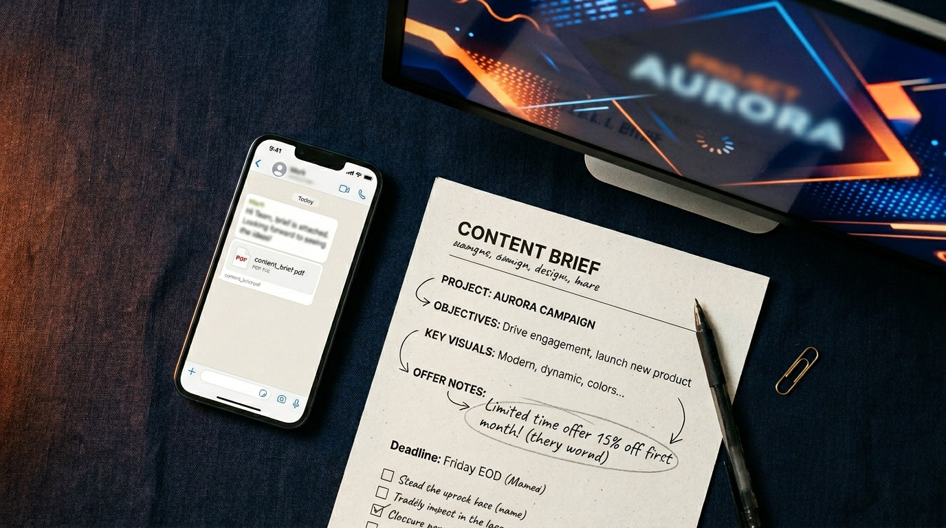 Digital signage content management process — brief by WhatsApp, animated design delivered to screen